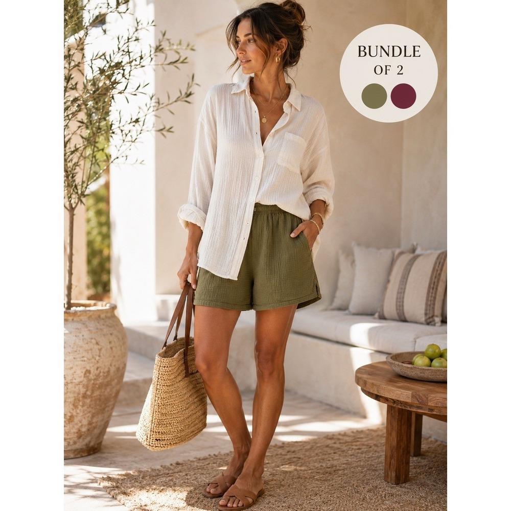 Once We Were Warriors Cotton Gauze‎ L Shorts Bundle 2PC Olive Burgundy Pull-On